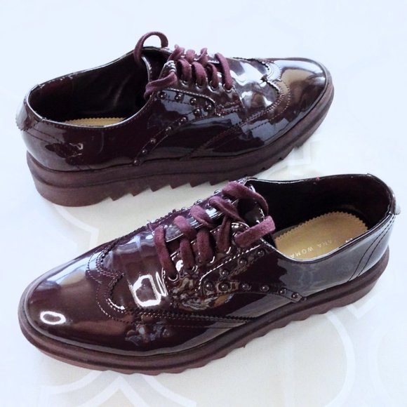 Zara Burgundy Vinyl Flat Platform Shoes - Picture 2 of 6